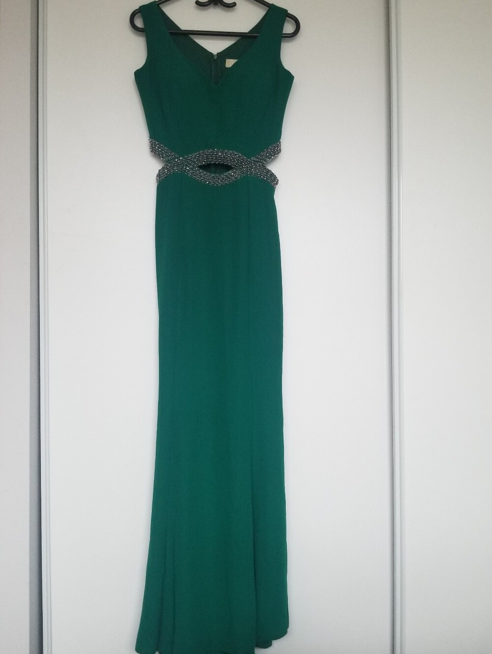 Emerald Green Sleeveless Evening Gown with Beaded Waist